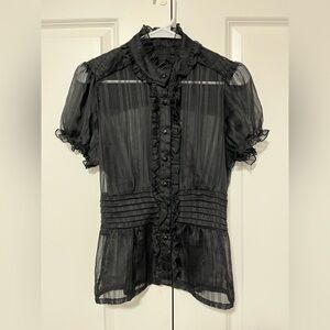 Elegant Black Ruffled Silver Detail Women's Sheer Short Sleeve Blouse